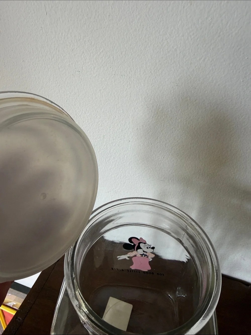 Vintage Minnie and Mickey Mouse Glass Canister - Clear with Red Accent